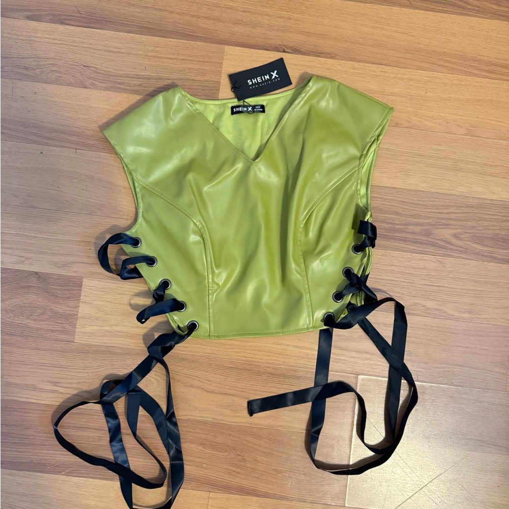 SHEIN faux leather Green Lace-Up Top